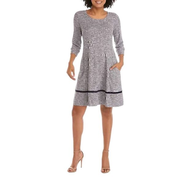 Chris McLaughlin Gray 3/4 Sleeve Ribbed Knit Fit & Flare Dress with Pockets - Picture 1 of 10